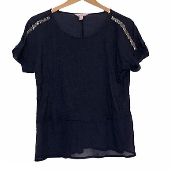 JUICY COUTURE Solid Navy Blue Mixed Media Material Semi Sheer Druzy Blouse Top - Picture 1 of 6